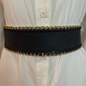 Black faux leather elastic waistband gold tone braided chain belt